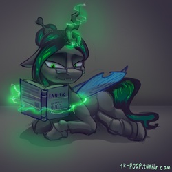 Size: 1280x1280 | Tagged: safe, artist:alumx, queen chrysalis, changeling, changeling queen, g4, adorkable, book, cute, cutealis, dork, dorkalis, female, glasses, magic, nerd, reading, solo