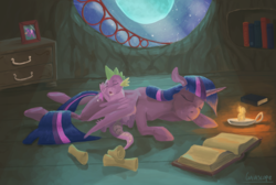 Size: 1800x1208 | Tagged: safe, artist:gaiascope, spike, twilight sparkle, alicorn, pony, g4, female, mare, sleeping, twilight sparkle (alicorn), wing blanket