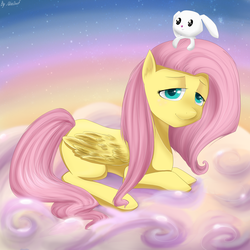Size: 3000x3000 | Tagged: safe, artist:mia-doof, angel bunny, fluttershy, pegasus, pony, g4, female, looking at you, mare