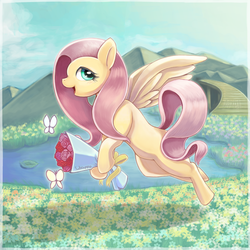 Size: 768x768 | Tagged: safe, artist:usappy-barkhaward, fluttershy, butterfly, pegasus, pony, g4, bouquet, cute, female, flower, mare, shyabetes, solo