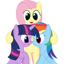 Size: 894x894 | Tagged: safe, artist:joey, fluttershy, rainbow dash, twilight sparkle, pegasus, pony, unicorn, g4, blushing, boop, female, lesbian, mare, nose wrinkle, now kiss, ship:twidash, shipper on deck, shipping, simple background, transparent background, unicorn twilight