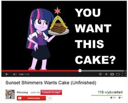 Size: 653x528 | Tagged: safe, artist:khuzang, sunset shimmer, twilight sparkle, equestria girls, g4, cake, do you want this cake, harry partridge, nicolas cage, video, youtube, youtube link
