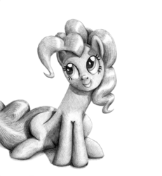 Size: 2480x2688 | Tagged: safe, artist:mortalflaw, pinkie pie, earth pony, pony, g4, female, grayscale, monochrome, simple background, sitting, solo, traditional art