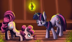Size: 1174x681 | Tagged: dead source, safe, artist:fauxsquared, pinkie pie, twilight sparkle, g4, female, holly, holly mistaken for mistletoe, lesbian, ship:twinkie, shipping