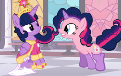 Size: 817x515 | Tagged: safe, artist:mattmiles, pinkie pie, twilight sparkle, alicorn, pony, g4, clothes, cosplay, costume, female, mare, sitting, twilight sparkle (alicorn)