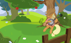 Size: 3200x1931 | Tagged: safe, artist:joemasterpencil, applejack, g4, banjo, clothes, female, fence, musical instrument, shirt, show accurate, solo, tree