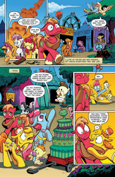 Size: 636x978 | Tagged: safe, idw, official comic, apple bloom, big macintosh, carrot cake, cup cake, flax seed, pound cake, pumpkin cake, rainbow dash, scootaloo, second sight, sweetie belle, wild fire, earth pony, pony, friendship is magic #9, g4, spoiler:comic, balloon, cake, cutie mark crusaders, ferris wheel, idw advertisement, male, preview, stallion, unnamed character, unnamed pony, wagon