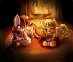 Size: 2600x2200 | Tagged: safe, artist:chocori, oc, oc only, fireplace, snuggling