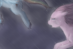 Size: 918x616 | Tagged: safe, artist:colorlesscupcake, pinkie pie, rainbow dash, pony, g4, crying, dark, rain