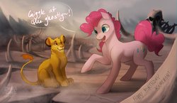 Size: 1172x682 | Tagged: safe, artist:iexploded, pinkie pie, g4, crossover, simba, the lion king