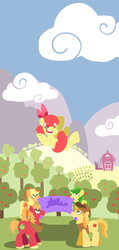 Size: 1024x2156 | Tagged: safe, artist:coggler, apple bloom, apple fritter, applejack, big macintosh, braeburn, earth pony, pony, g4, apple family member, barn, blanket, blanket toss, flying, male, orchard, stallion