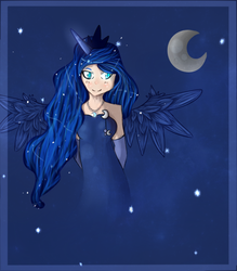 Size: 790x900 | Tagged: safe, artist:kaiathedragon13, princess luna, human, g4, female, horn, horned humanization, humanized, moon, solo, winged humanization