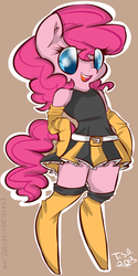 Size: 1000x2000 | Tagged: safe, artist:tesuai, pinkie pie, earth pony, pony, semi-anthro, g4, bipedal, clothes, eye clipping through hair, female, skirt, solo, zettai ryouiki