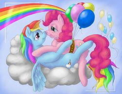 Size: 1827x1400 | Tagged: safe, artist:ratwhiskers, pinkie pie, rainbow dash, g4, balloon, female, lesbian, ship:pinkiedash, shipping, snuggling