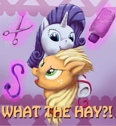 Size: 1375x1500 | Tagged: safe, artist:themotaro, applejack, rarity, g4, magic, makeover, scissors