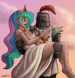 Size: 1192x1236 | Tagged: dead source, safe, artist:pluckyninja, princess celestia, human, armor, barefoot, bridal carry, carrying, clothes, crossover, dark souls, dress, fantasy class, feet, female, frown, human male, humanized, jolly cooperation, knight, knight rescues the princess, male, medieval, open mouth, praise the sun, solaire of astora, warrior