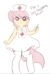 Size: 420x616 | Tagged: safe, artist:mollie, oc, oc only, oc:tonsils, satyr, clothes, cute, dress, dressup, looking at you, offspring, parent:nurse redheart, solo, talking to viewer, thermometer, young, younger