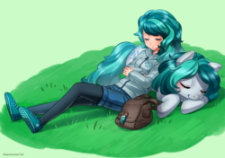 Size: 1200x846 | Tagged: safe, artist:racoonsan, oc, oc only, oc:dew droplet, earth pony, human, pony, bag, clothes, eyes closed, human ponidox, humanized, pantyhose, sleeping
