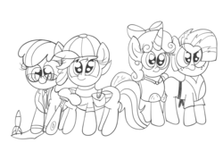 Size: 1254x801 | Tagged: safe, artist:daniel-sg, apple bloom, babs seed, scootaloo, sweetie belle, g4, cosplay, cutie mark crusaders, earthbound, lineart, monochrome