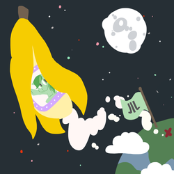 Size: 1000x1000 | Tagged: safe, artist:coggler, oc, oc only, oc:esplin, banana, flag, moon, solo, space, spaceship, stars