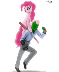 Size: 712x876 | Tagged: safe, artist:ratchieftain, pinkie pie, oc, oc:anon, g4, duo, piggyback ride, ponies riding humans, riding, staff