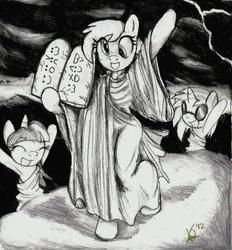 Size: 703x758 | Tagged: safe, artist:mrzash, derpy hooves, dj pon-3, twilight sparkle, vinyl scratch, pegasus, pony, g4, christianity, female, judaism, mare, monochrome, moses, religion, ten commandments