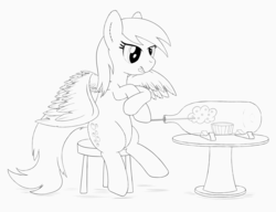 Size: 3000x2300 | Tagged: safe, artist:stinkehund, derpy hooves, pegasus, pony, g4, bottle, female, fluffy, monochrome, muffin, solo, table