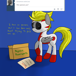 Size: 2600x2600 | Tagged: safe, artist:flashiest lightning, oc, oc only, pegasus, pony, ask, clothes, racer, rejected, solo, sponsors, suit, tumblr