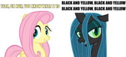 Size: 1175x536 | Tagged: safe, fluttershy, queen chrysalis, g4, black and yellow, lyrics, song reference, wiz khalifa