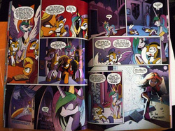 Size: 1600x1200 | Tagged: safe, artist:andy price, idw, official comic, nightmare moon, princess celestia, sunset shimmer, human, pony, unicorn, equestria girls, g4, my little pony annual 2013, spoiler:comic, boots, clothes, floppy ears, humanized, lying down, miniskirt, on side, royal guard, shoes, skirt