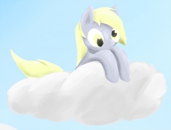 Size: 1260x960 | Tagged: safe, artist:zokkili, derpy hooves, pegasus, pony, g4, cloud, cute, female, mare, on a cloud, pixiv, solo