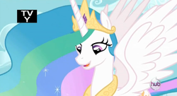 Size: 568x309 | Tagged: safe, screencap, princess celestia, g4, female, hub logo, solo, tv rating