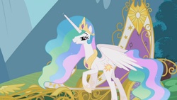 Size: 1280x720 | Tagged: safe, screencap, princess celestia, alicorn, pony, g4, swarm of the century, beautiful, chariot, crown, ethereal mane, female, hoof shoes, jewelry, lidded eyes, mare, out of context, peytral, regalia, smiling, solo, spread wings