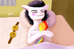 Size: 1273x843 | Tagged: safe, artist:themightycoolblender, rainbow dash, soarin', g4, bed, blushing, crush plush, doll, female, goggles, male, plushie, ship:soarindash, shipping, sleeping, solo, straight