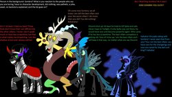 Size: 1186x674 | Tagged: safe, artist:nukarulesthehouse1, discord, king sombra, nightmare moon, queen chrysalis, g4, antagonist, dialogue, discussion, text