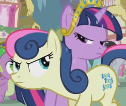 Size: 342x286 | Tagged: safe, screencap, bon bon, spike, sweetie drops, twilight sparkle, g4, magical mystery cure, my little pony: friendship is magic, bon bon is not amused, out of context