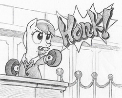 Size: 1494x1200 | Tagged: safe, artist:php87, oc, oc only, oc:wheely bopper, original species, wheelpone, ace attorney, clothes, courtroom, grayscale, honk, monochrome, objection, parody, sketch, solo, suit, traditional art, translated in the description