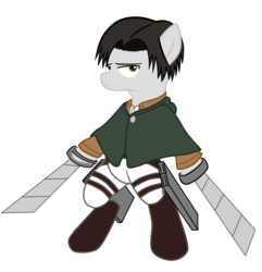 Size: 1600x1660 | Tagged: safe, artist:krust78, semi-anthro, 3d maneuver gear, attack on titan, levi ackerman, lidded eyes, ponified, ravioli, rivaille, simple background, solo, sword, transparent background, weapon
