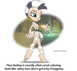 Size: 1108x1017 | Tagged: artist needed, source needed, safe, edit, zecora, human, g4, adventure in the comments, alternate color palette, cauldron, drama, female, how dare you?, humanized, light skin, satire, solo, text, white zecora, zecora's hut