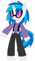 Size: 343x598 | Tagged: safe, artist:sonic-chaos, dj pon-3, vinyl scratch, pony, four string samurai, g4, ask, bipedal, clothes, female, overalls, simple background, solo, standing, transparent background, tumblr