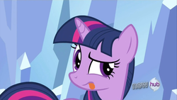 Size: 1280x720 | Tagged: safe, screencap, twilight sparkle, pony, unicorn, g4, the crystal empire, female, hub logo, solo, tongue out, unicorn twilight