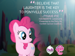 Size: 850x628 | Tagged: safe, pinkie pie, g4, best pony contest, female, hub logo, hubble, solo, text, the hub