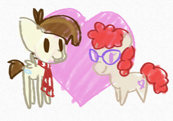 Size: 1228x862 | Tagged: safe, artist:minkidoodles, featherweight, twist, g4, clothes, cute, doodle, feathertwist, featherweight responds, glasses, heart, scarf, shipping, sketch