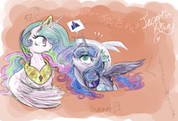 Size: 2788x1899 | Tagged: safe, artist:incognitokiwoy, princess celestia, princess luna, g4, crown, japanese, missing accessory, question mark, sweatdrop, worried