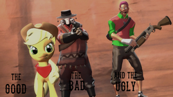 Size: 1192x670 | Tagged: safe, artist:fezwearingdoctor, applejack, g4, 3d, crossover, gmod, pyro (tf2), scout (tf2), team fortress 2, the good the bad and the ugly