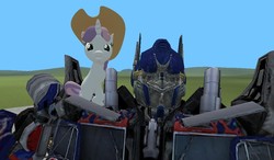 Size: 1024x600 | Tagged: safe, sweetie belle, g4, 3d, bayformers, crossover, gmod, happy, optimus prime