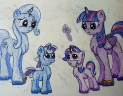 Size: 257x200 | Tagged: safe, artist:sweetapple1098, trixie, twilight sparkle, oc, oc:aurora, oc:nebula, alicorn, pony, tumblr:ask twixie, g4, female, lesbian, magical lesbian spawn, mama twilight, mare, offspring, parent:trixie, parent:twilight sparkle, parents:twixie, ship:twixie, shipping, traditional art, twilight sparkle (alicorn)