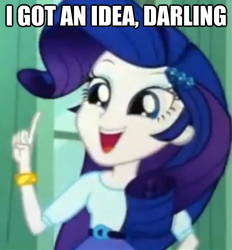 Size: 438x473 | Tagged: safe, edit, edited screencap, screencap, rarity, equestria girls, g4, my little pony equestria girls, cropped, darling, female, idea, image macro, open mouth, smiling, solo