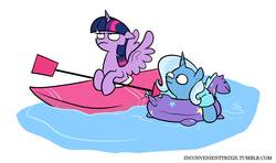 Size: 1139x676 | Tagged: safe, artist:egophiliac, trixie, twilight sparkle, alicorn, pony, unicorn, tumblr:inconvenient trixie, g4, female, floaty, hoof hold, inconvenient trixie, inner tube, kayak, mare, tumblr, twilight sparkle (alicorn), twilight sparkle is not amused, unamused, water, water wings, woonoggles