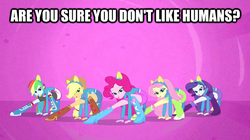 Size: 623x350 | Tagged: safe, edit, edited screencap, screencap, applejack, fluttershy, pinkie pie, rainbow dash, rarity, equestria girls, g4, my little pony equestria girls, bedroom eyes, humane five, image macro, pony ears, skinny, thin, wondercolt ears, wondercolts uniform